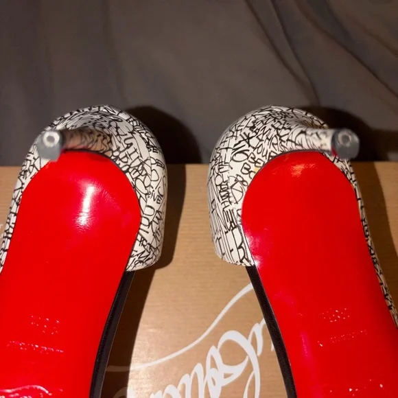 Christian Louboutin White and Black Script Pointed-Toe Pumps - Picture 8 of 10